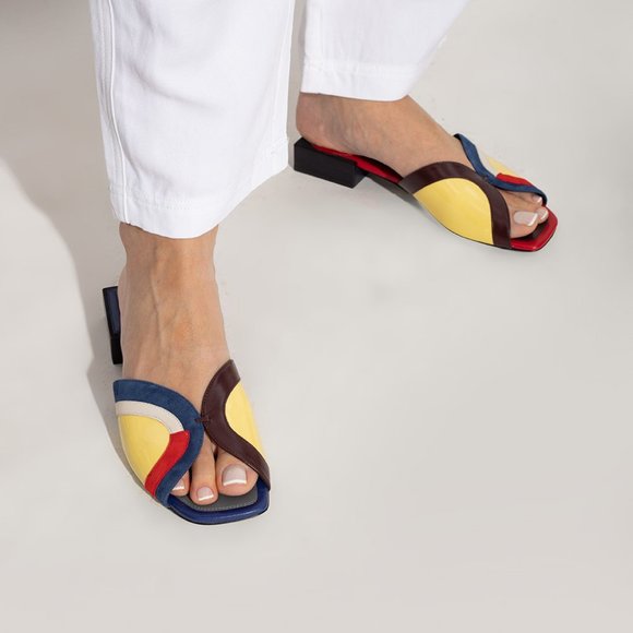 Tory Burch $348 Marquetry Slide Sandals Blue Red Brown 6 6.5 10 - Picture 3 of 12